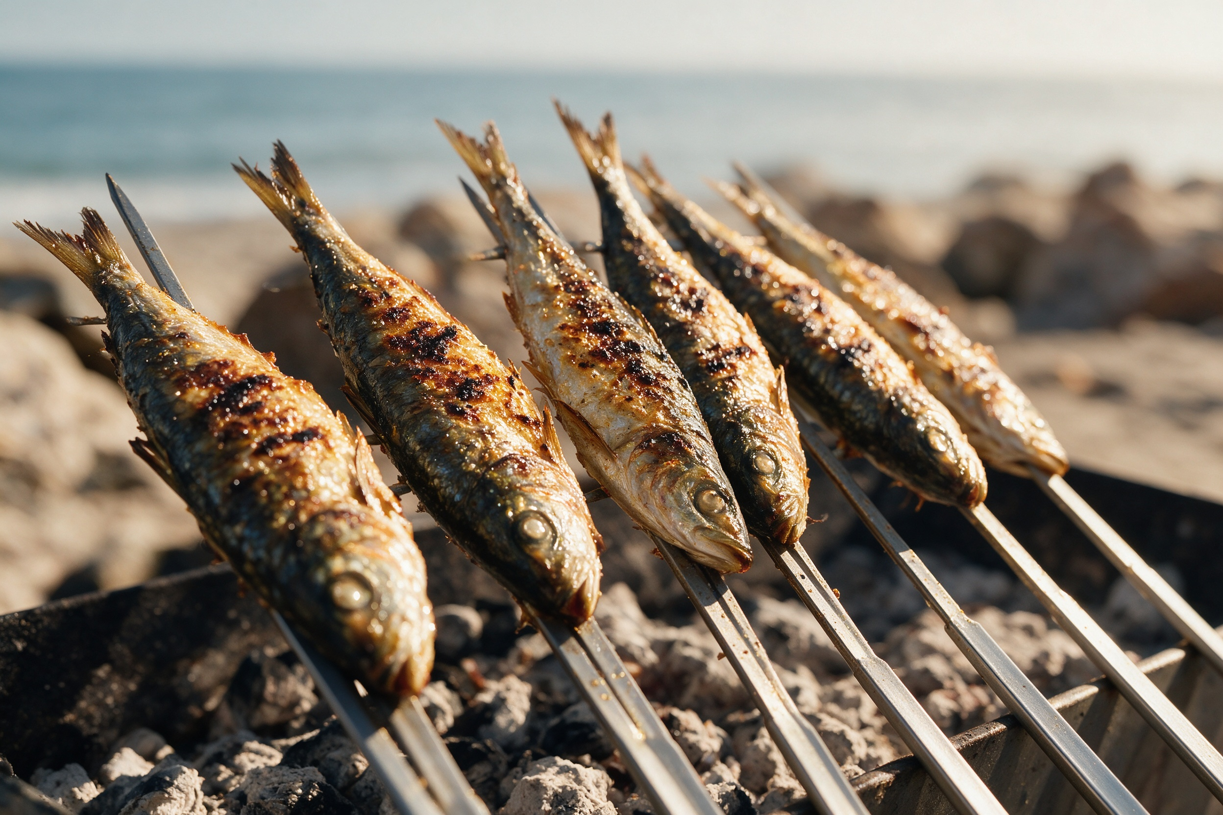 Espeto de sardinas asado en caña sobre leña