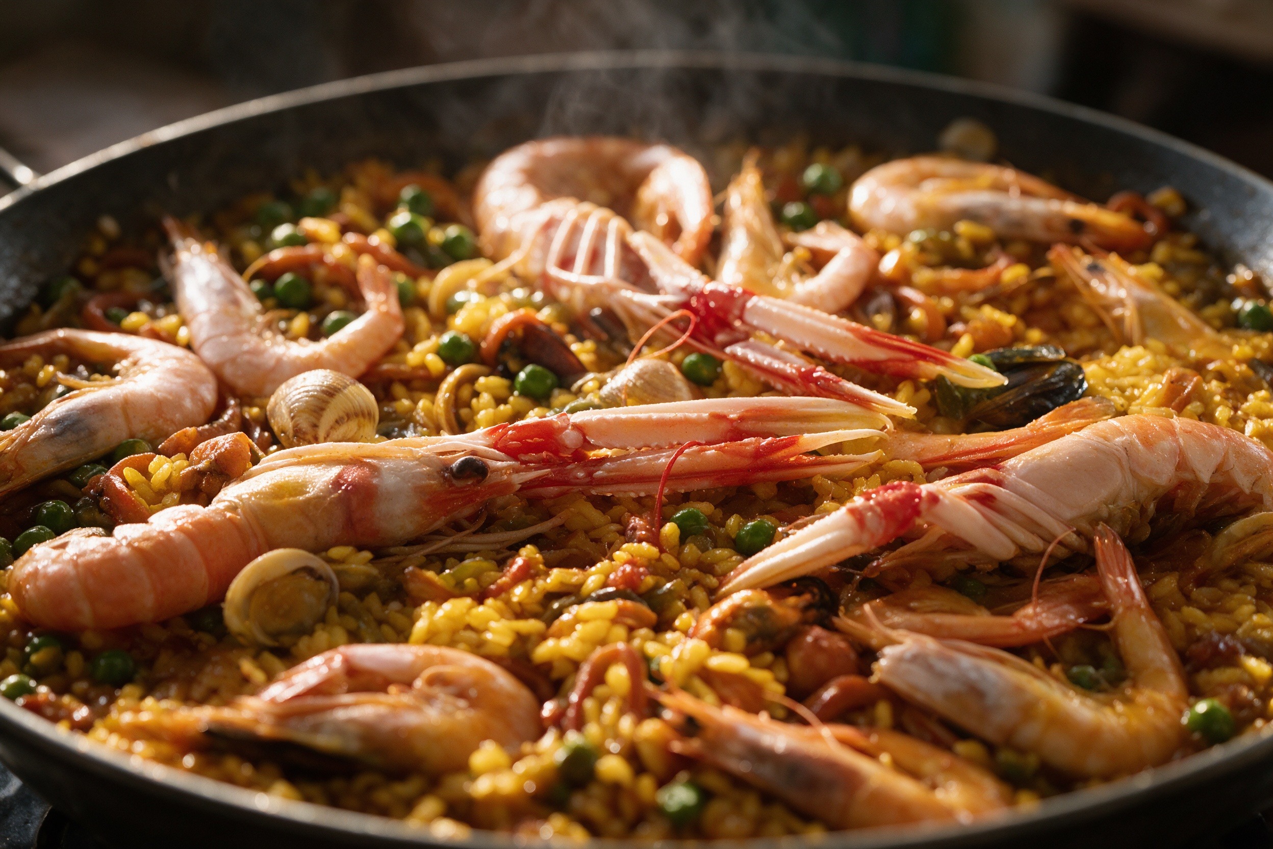 Paella de marisco con gambas, mejillones y almejas
