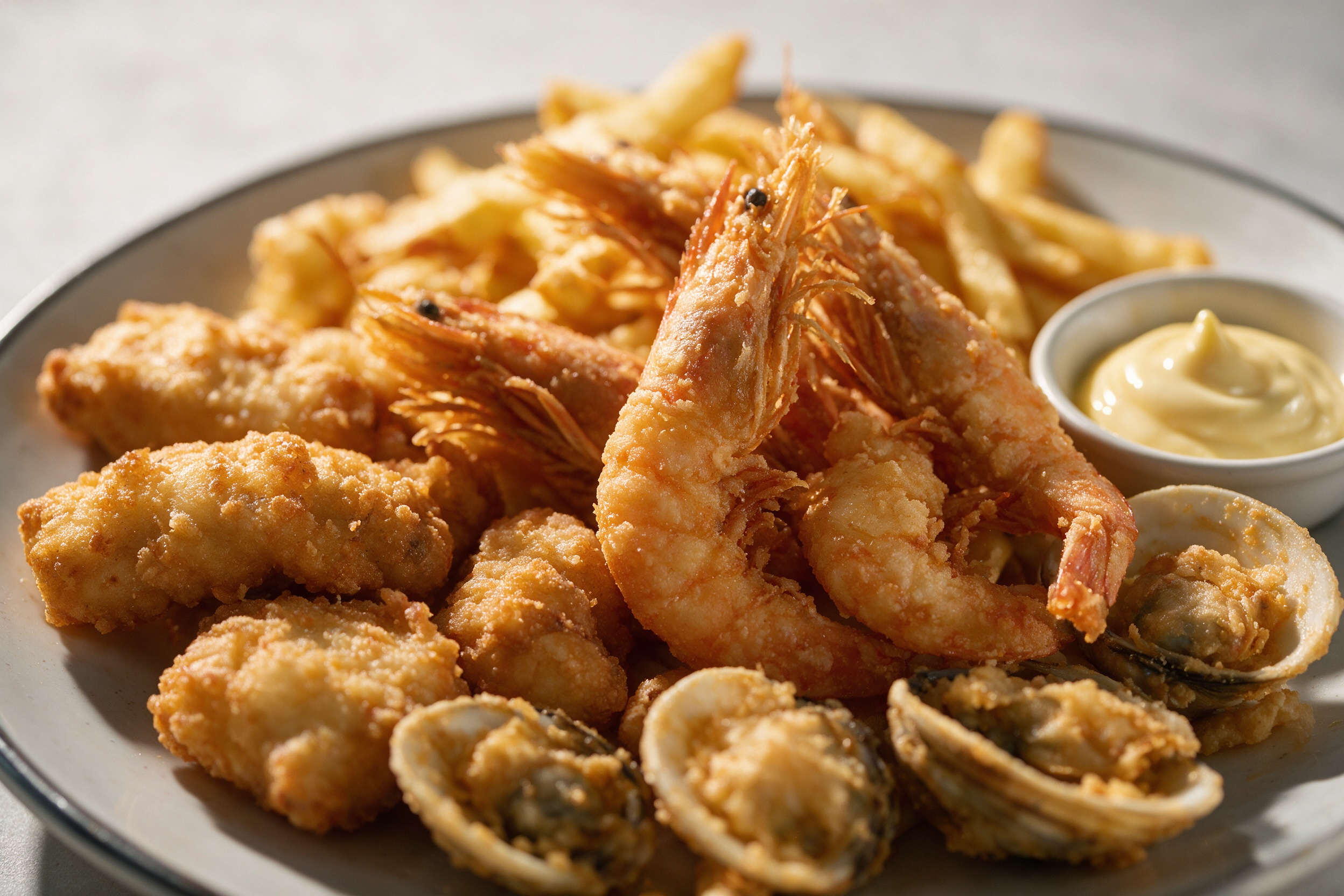 Fritura mixta de pescaíto, gambas y puntillitas con mayonesa